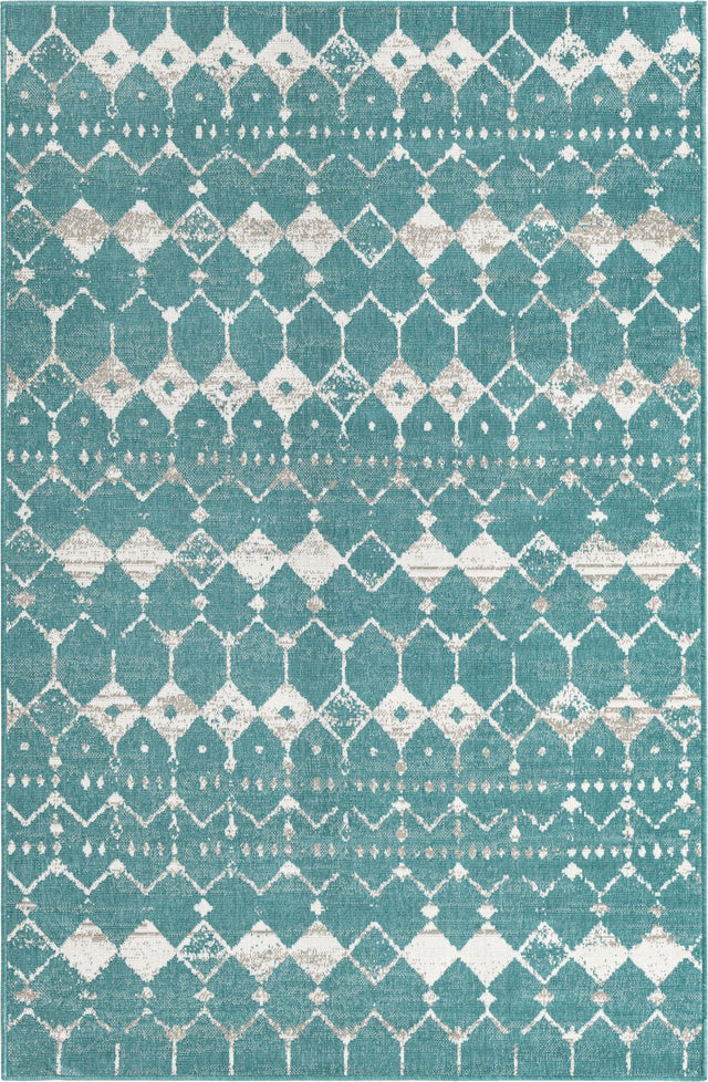Teal 1' 3 x 1' 3 Outdoor Trellis Sample Area Rug Weather Resistant for Patio, Deck, Terrace, Balcony, Porch Geometric Design Water Safe Outside Carpet for Sale at Rug Engine