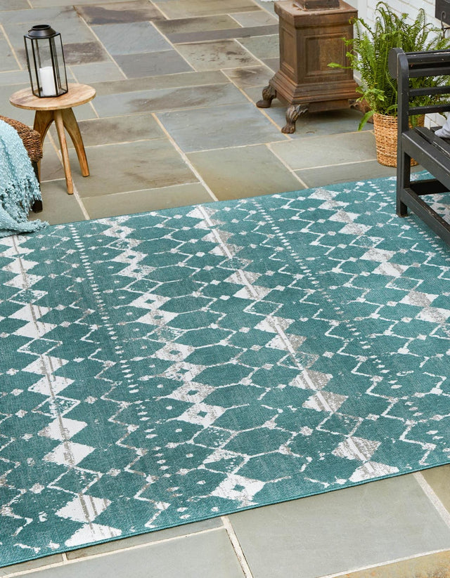 Teal 7' 10 x 7' 10 Outdoor Trellis Square Area Rug Weather Resistant for Patio, Deck, Terrace, Balcony, Porch Geometric Design Water Safe Outside Carpet for Sale at Rug Engine