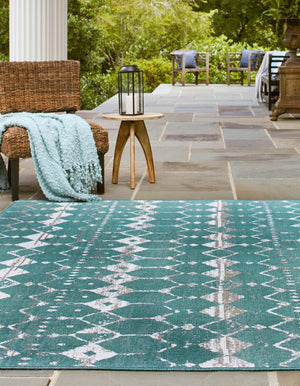 Teal 7' 10 x 7' 10 Outdoor Trellis Square Area Rug Weather Resistant for Patio, Deck, Terrace, Balcony, Porch Geometric Design Water Safe Outside Carpet for Sale at Rug Engine