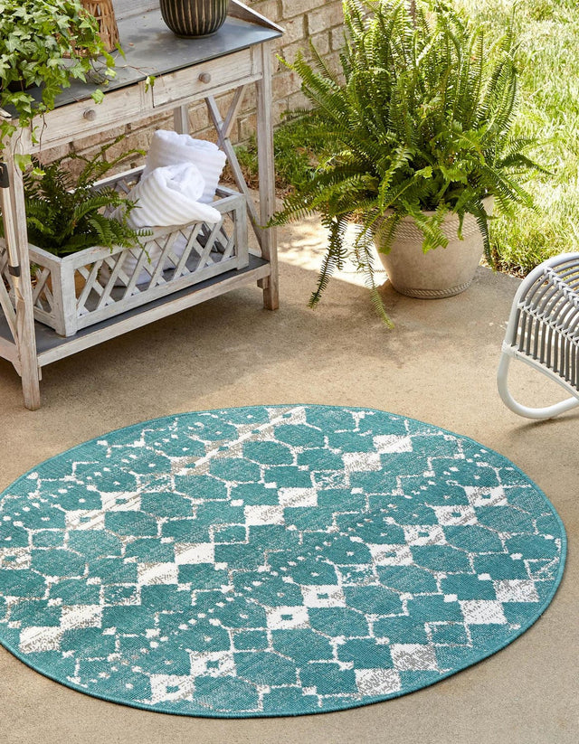 Teal 7' x 7' Outdoor Trellis Round Area Rug Weather Resistant for Patio, Deck, Terrace, Balcony, Porch Geometric Design Water Safe Outside Carpet for Sale at Rug Engine