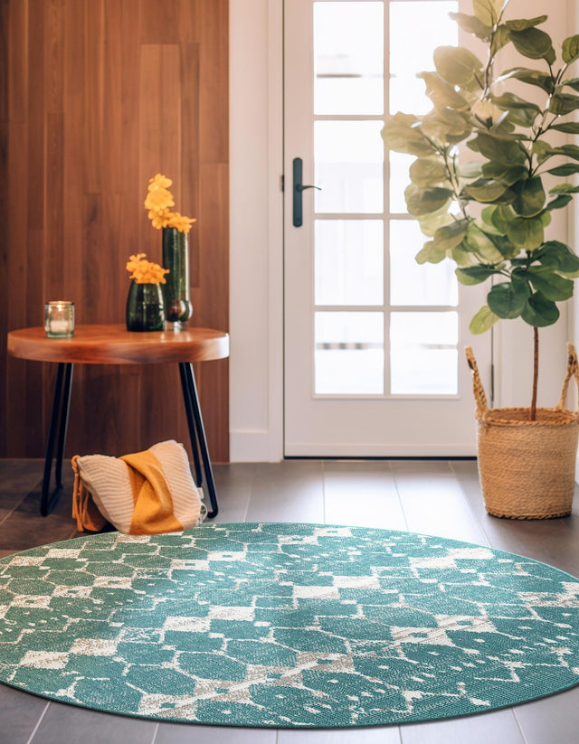 Teal 4' x 4' Outdoor Trellis Round Area Rug Weather Resistant for Patio, Deck, Terrace, Balcony, Porch Geometric Design Water Safe Outside Carpet for Sale at Rug Engine