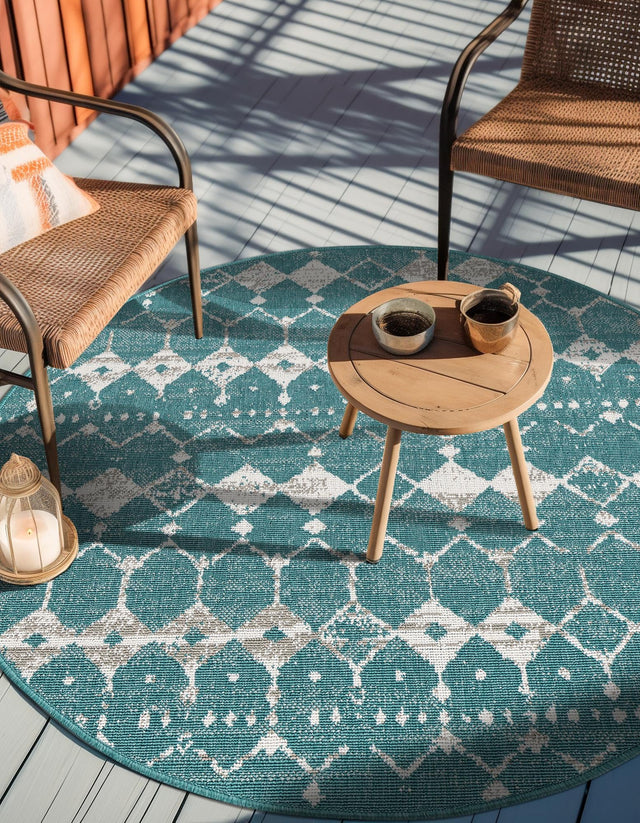 Teal 4' x 4' Outdoor Trellis Round Area Rug Weather Resistant for Patio, Deck, Terrace, Balcony, Porch Geometric Design Water Safe Outside Carpet for Sale at Rug Engine