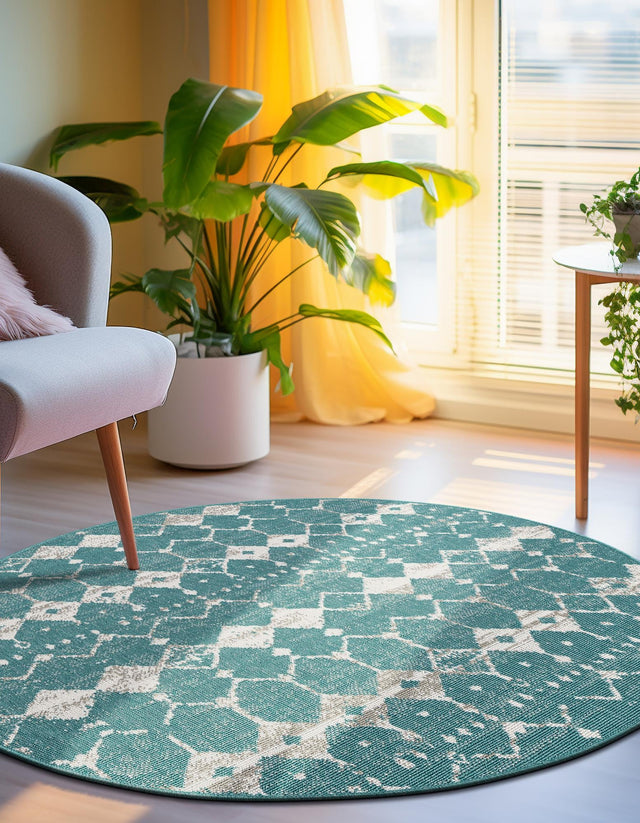 Teal 4' x 4' Outdoor Trellis Round Area Rug Weather Resistant for Patio, Deck, Terrace, Balcony, Porch Geometric Design Water Safe Outside Carpet for Sale at Rug Engine