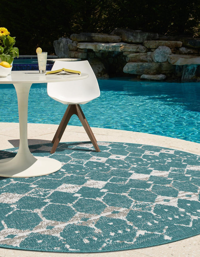 Teal 4' x 4' Outdoor Trellis Round Area Rug Weather Resistant for Patio, Deck, Terrace, Balcony, Porch Geometric Design Water Safe Outside Carpet for Sale at Rug Engine