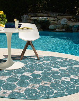 Teal 7' x 7' Outdoor Trellis Round Area Rug Weather Resistant for Patio, Deck, Terrace, Balcony, Porch Geometric Design Water Safe Outside Carpet for Sale at Rug Engine