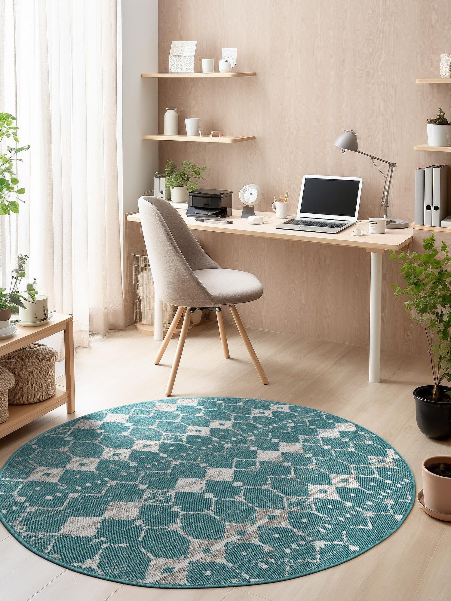 Teal 7' x 7' Outdoor Trellis Round Area Rug Weather Resistant for Patio, Deck, Terrace, Balcony, Porch Geometric Design Water Safe Outside Carpet for Sale at Rug Engine