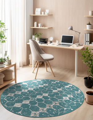 Teal 7' x 7' Outdoor Trellis Round Area Rug Weather Resistant for Patio, Deck, Terrace, Balcony, Porch Geometric Design Water Safe Outside Carpet for Sale at Rug Engine