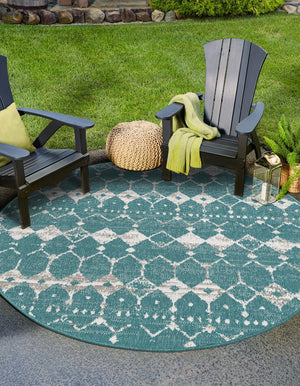 Teal 7' x 7' Outdoor Trellis Round Area Rug Weather Resistant for Patio, Deck, Terrace, Balcony, Porch Geometric Design Water Safe Outside Carpet for Sale at Rug Engine