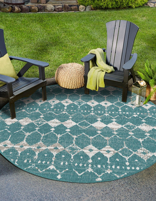 Teal 7' x 7' Outdoor Trellis Round Area Rug Weather Resistant for Patio, Deck, Terrace, Balcony, Porch Geometric Design Water Safe Outside Carpet for Sale at Rug Engine