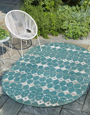 Teal 5' 3 x 8' Outdoor Trellis Oval Area Rug Weather Resistant for Patio, Deck, Terrace, Balcony, Porch Geometric Design Water Safe Outside Carpet for Sale at Rug Engine