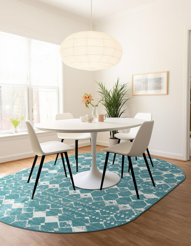 Teal 5' 3 x 8' Outdoor Trellis Oval Area Rug Weather Resistant for Patio, Deck, Terrace, Balcony, Porch Geometric Design Water Safe Outside Carpet for Sale at Rug Engine