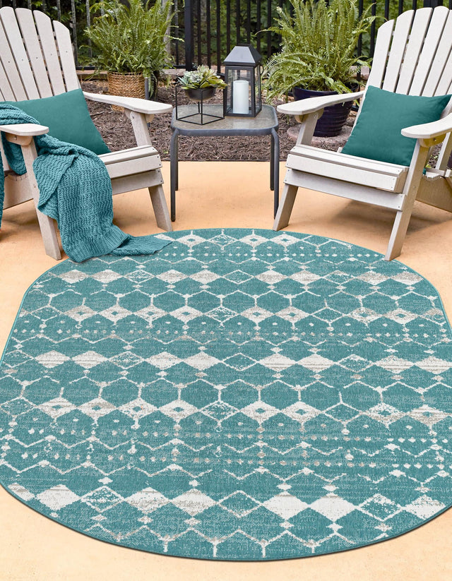 Teal 5' 3 x 8' Outdoor Trellis Oval Area Rug Weather Resistant for Patio, Deck, Terrace, Balcony, Porch Geometric Design Water Safe Outside Carpet for Sale at Rug Engine