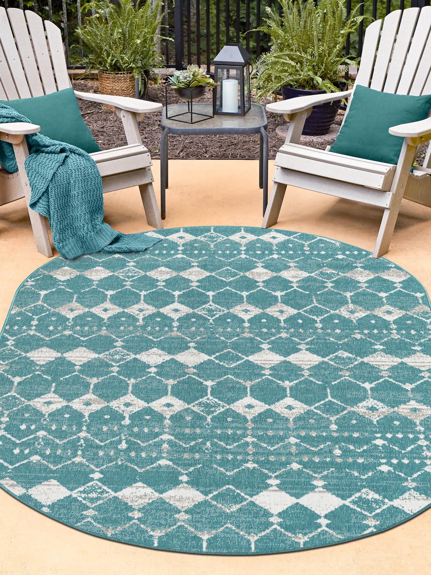 Teal 7' 10 x 10' Outdoor Trellis Oval Area Rug Weather Resistant for Patio, Deck, Terrace, Balcony, Porch Geometric Design Water Safe Outside Carpet for Sale at Rug Engine