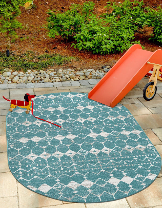Teal 5' 3 x 8' Outdoor Trellis Oval Area Rug Weather Resistant for Patio, Deck, Terrace, Balcony, Porch Geometric Design Water Safe Outside Carpet for Sale at Rug Engine