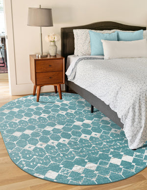 Teal 5' 3 x 8' Outdoor Trellis Oval Area Rug Weather Resistant for Patio, Deck, Terrace, Balcony, Porch Geometric Design Water Safe Outside Carpet for Sale at Rug Engine