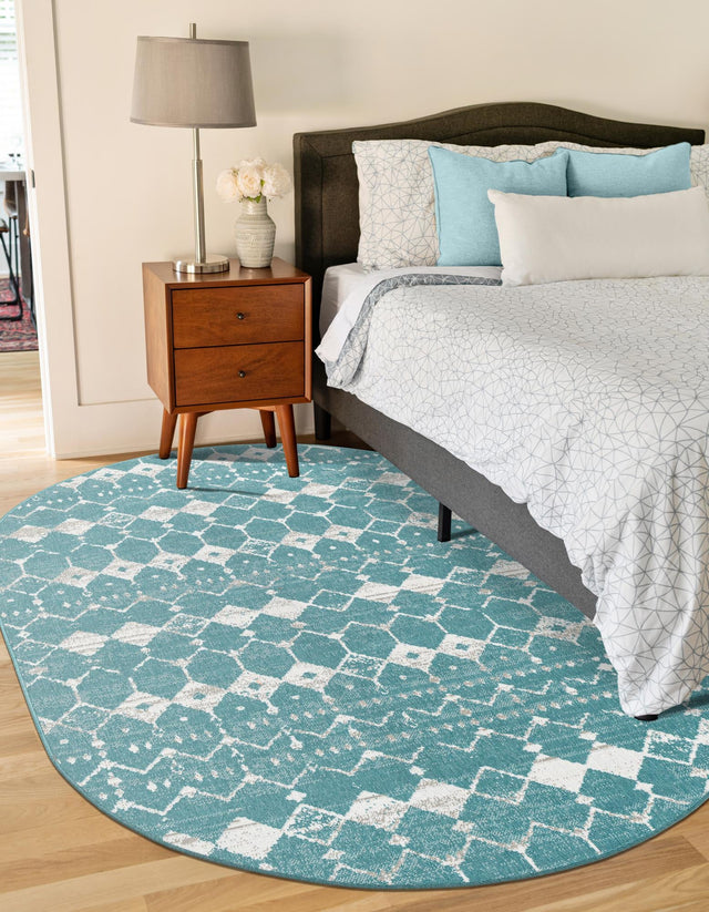 Teal 7' 10 x 10' Outdoor Trellis Oval Area Rug Weather Resistant for Patio, Deck, Terrace, Balcony, Porch Geometric Design Water Safe Outside Carpet for Sale at Rug Engine