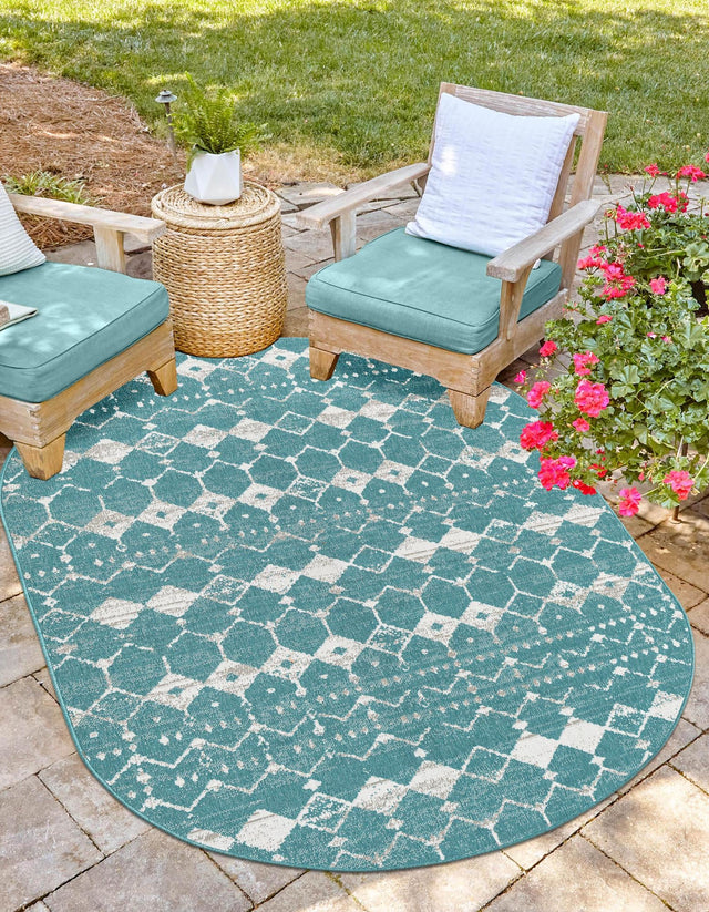 Teal 7' 10 x 10' Outdoor Trellis Oval Area Rug Weather Resistant for Patio, Deck, Terrace, Balcony, Porch Geometric Design Water Safe Outside Carpet for Sale at Rug Engine