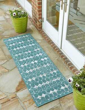 Teal 2' x 6' Outdoor Trellis Runner Area Rug Weather Resistant for Patio, Deck, Terrace, Balcony, Porch Geometric Design Water Safe Outside Carpet for Sale at Rug Engine
