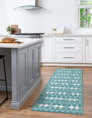 Teal 2' x 6' Outdoor Trellis Runner Area Rug Weather Resistant for Patio, Deck, Terrace, Balcony, Porch Geometric Design Water Safe Outside Carpet for Sale at Rug Engine