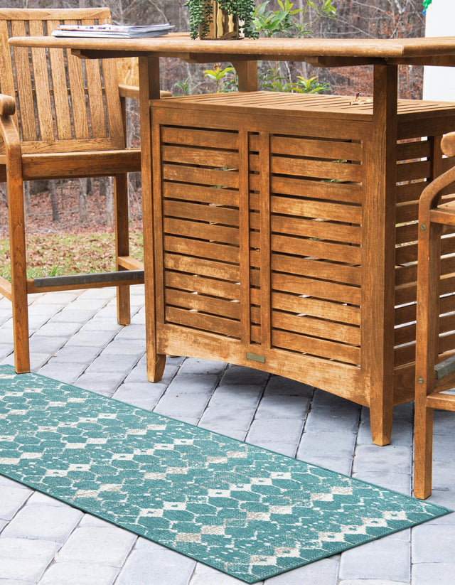 Teal 2' x 6' Outdoor Trellis Runner Area Rug Weather Resistant for Patio, Deck, Terrace, Balcony, Porch Geometric Design Water Safe Outside Carpet for Sale at Rug Engine