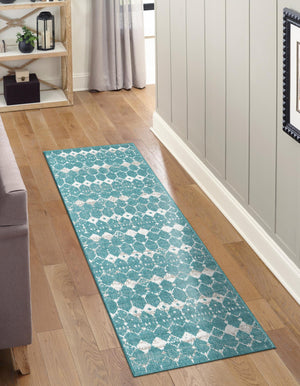 Teal 2' x 6' Outdoor Trellis Runner Area Rug Weather Resistant for Patio, Deck, Terrace, Balcony, Porch Geometric Design Water Safe Outside Carpet for Sale at Rug Engine