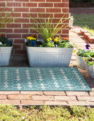 Teal 2' x 6' Outdoor Trellis Runner Area Rug Weather Resistant for Patio, Deck, Terrace, Balcony, Porch Geometric Design Water Safe Outside Carpet for Sale at Rug Engine