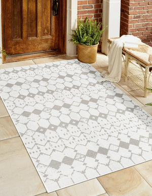 Ivory and Gray 6' x 9' Outdoor Trellis Rectangle Area Rug Weather Resistant for Patio, Deck, Terrace, Balcony, Porch Geometric Design Water Safe Outside Carpet for Sale at Rug Engine