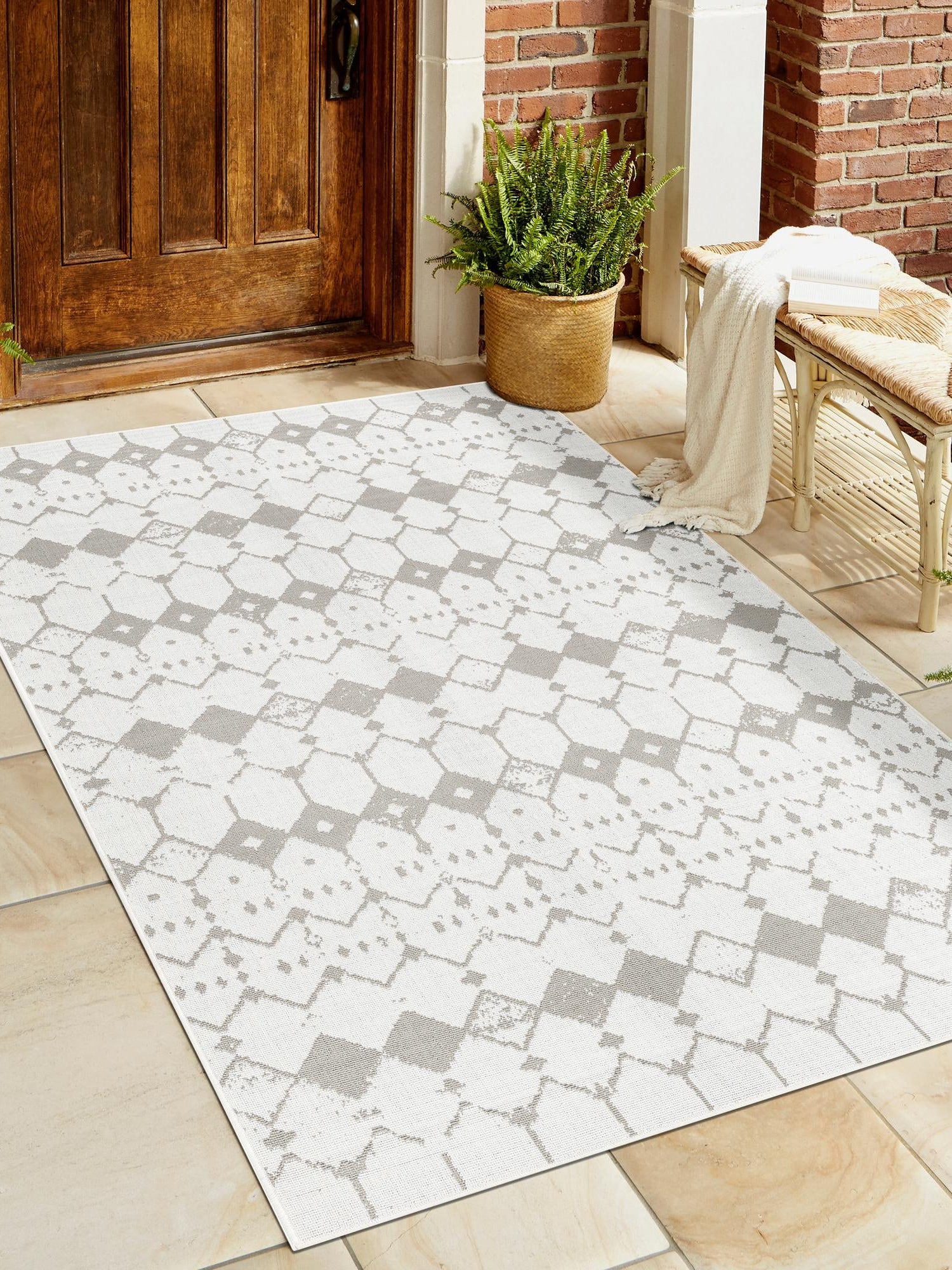 Ivory and Gray 5' 3 x 8' Outdoor Trellis Rectangle Area Rug Weather Resistant for Patio, Deck, Terrace, Balcony, Porch Geometric Design Water Safe Outside Carpet for Sale at Rug Engine