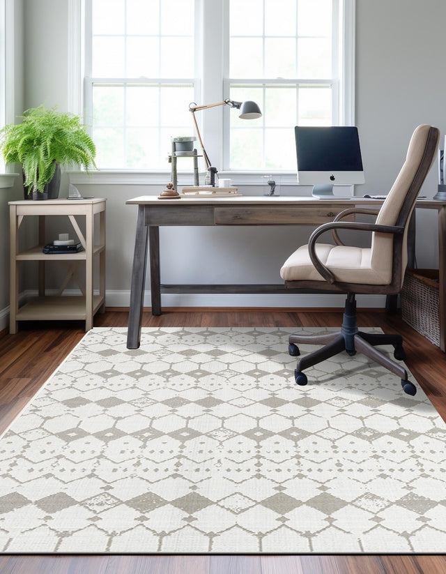 Ivory and Gray 9' x 12' Outdoor Trellis Rectangle Area Rug Weather Resistant for Patio, Deck, Terrace, Balcony, Porch Geometric Design Water Safe Outside Carpet for Sale at Rug Engine