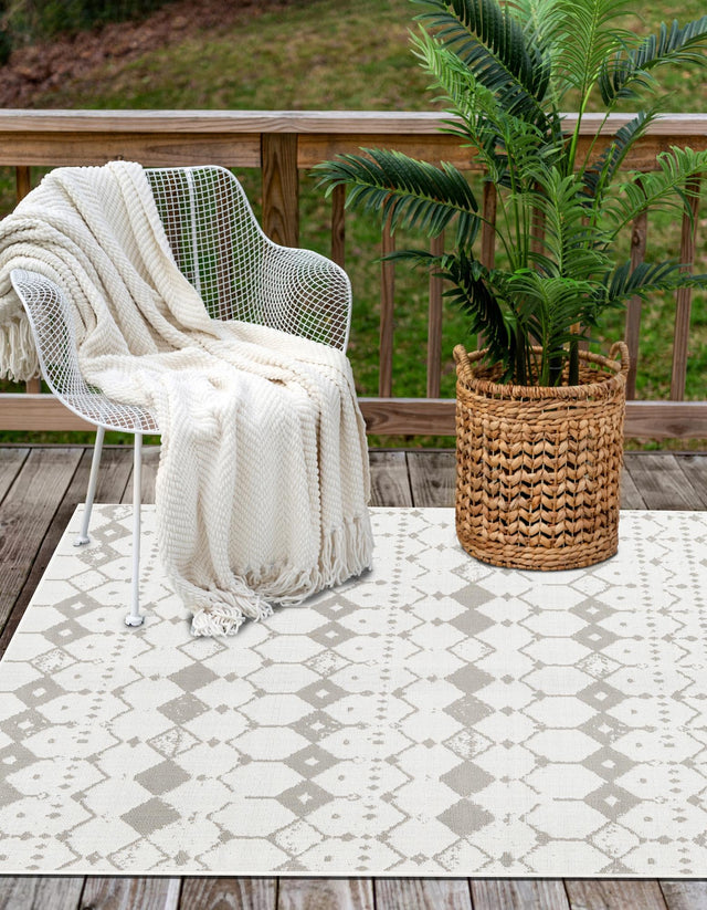 Ivory and Gray 4' x 6' Outdoor Trellis Rectangle Area Rug Weather Resistant for Patio, Deck, Terrace, Balcony, Porch Geometric Design Water Safe Outside Carpet for Sale at Rug Engine