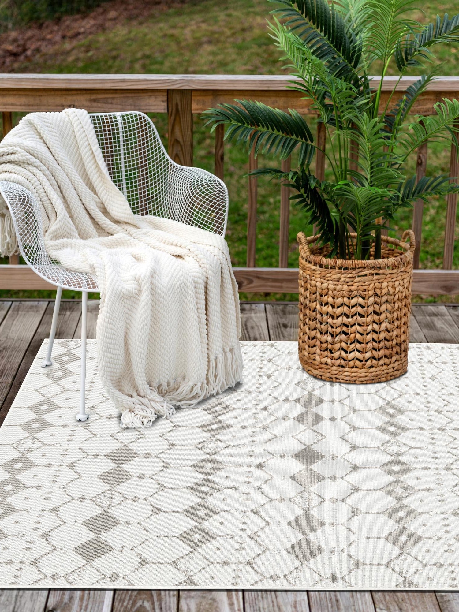 Ivory and Gray 5' 3 x 8' Outdoor Trellis Rectangle Area Rug Weather Resistant for Patio, Deck, Terrace, Balcony, Porch Geometric Design Water Safe Outside Carpet for Sale at Rug Engine