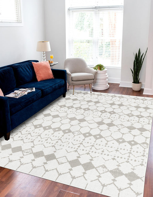 Ivory and Gray 9' x 12' Outdoor Trellis Rectangle Area Rug Weather Resistant for Patio, Deck, Terrace, Balcony, Porch Geometric Design Water Safe Outside Carpet for Sale at Rug Engine