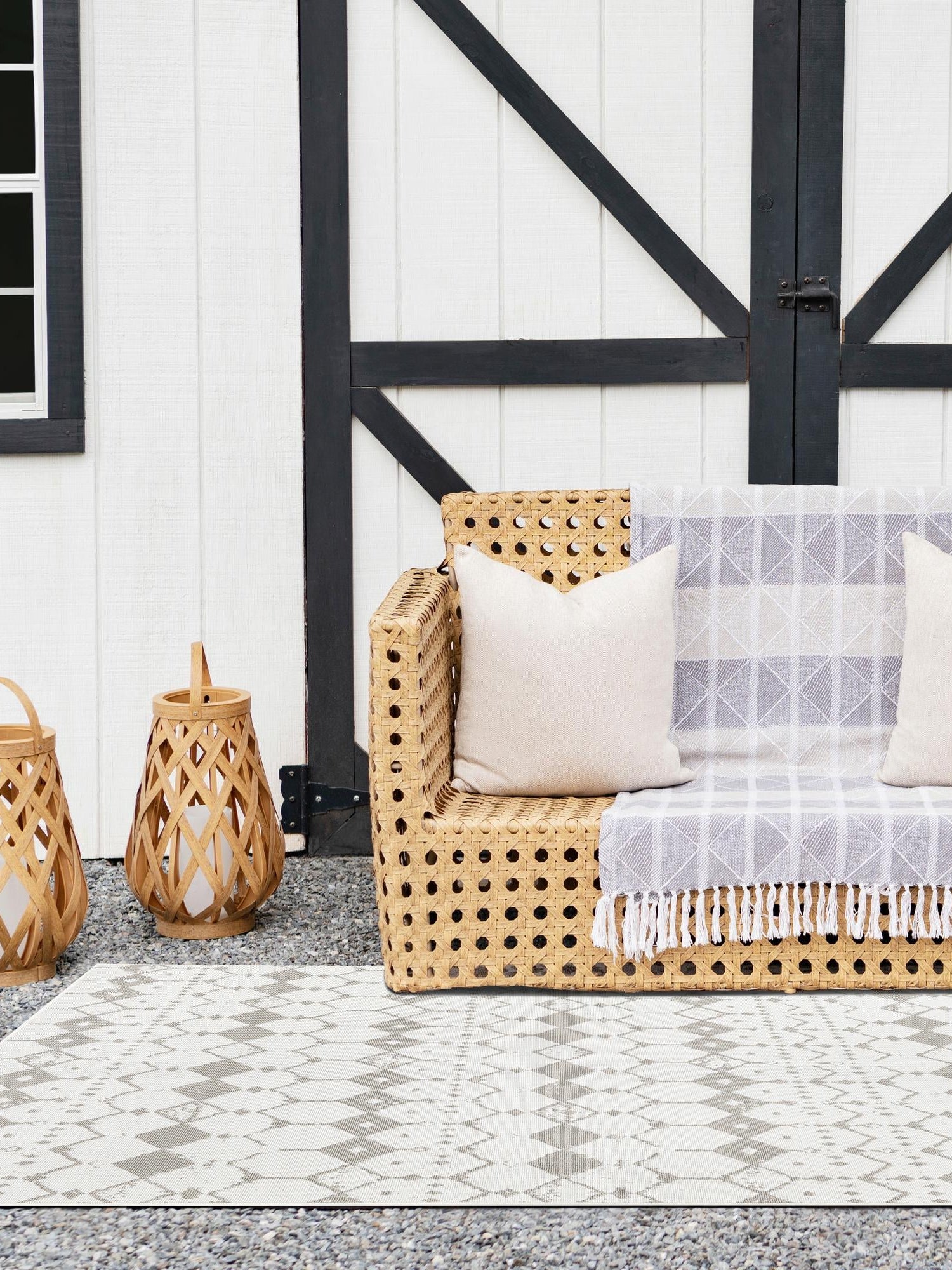 Ivory and Gray 7' 10 x 10' Outdoor Trellis Rectangle Area Rug Weather Resistant for Patio, Deck, Terrace, Balcony, Porch Geometric Design Water Safe Outside Carpet for Sale at Rug Engine