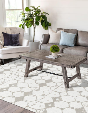 Ivory and Gray 6' x 9' Outdoor Trellis Rectangle Area Rug Weather Resistant for Patio, Deck, Terrace, Balcony, Porch Geometric Design Water Safe Outside Carpet for Sale at Rug Engine