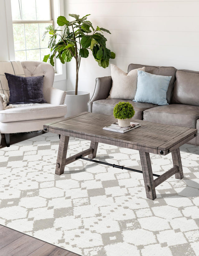 Ivory and Gray 6' x 9' Outdoor Trellis Rectangle Area Rug Weather Resistant for Patio, Deck, Terrace, Balcony, Porch Geometric Design Water Safe Outside Carpet for Sale at Rug Engine