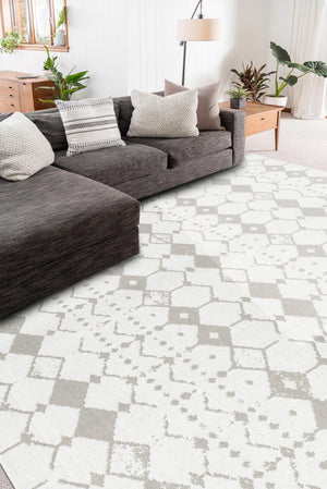Ivory and Gray 6' x 9' Outdoor Trellis Rectangle Area Rug Weather Resistant for Patio, Deck, Terrace, Balcony, Porch Geometric Design Water Safe Outside Carpet for Sale at Rug Engine