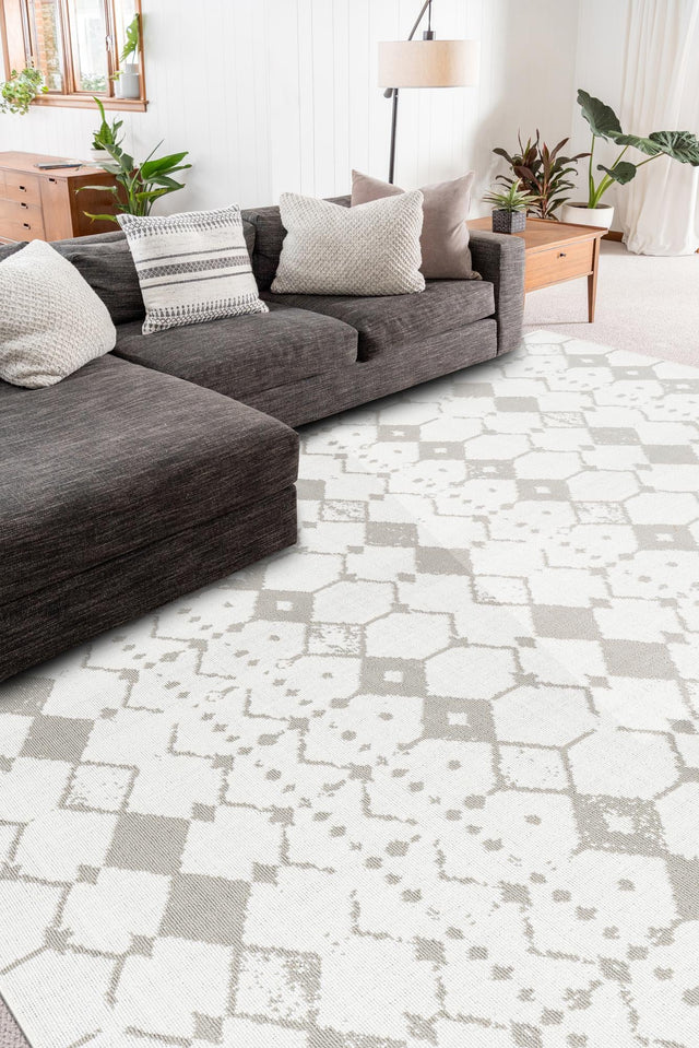 Ivory and Gray 6' x 9' Outdoor Trellis Rectangle Area Rug Weather Resistant for Patio, Deck, Terrace, Balcony, Porch Geometric Design Water Safe Outside Carpet for Sale at Rug Engine