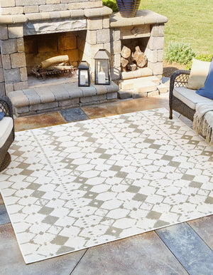 Ivory and Gray 7' 10 x 7' 10 Outdoor Trellis Square Area Rug Weather Resistant for Patio, Deck, Terrace, Balcony, Porch Geometric Design Water Safe Outside Carpet for Sale at Rug Engine