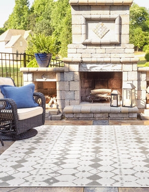 Ivory and Gray 7' 10 x 7' 10 Outdoor Trellis Square Area Rug Weather Resistant for Patio, Deck, Terrace, Balcony, Porch Geometric Design Water Safe Outside Carpet for Sale at Rug Engine