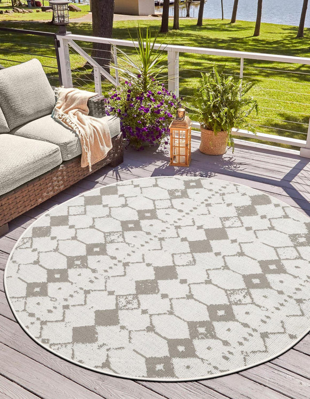 Ivory and Gray 7' x 7' Outdoor Trellis Round Area Rug Weather Resistant for Patio, Deck, Terrace, Balcony, Porch Geometric Design Water Safe Outside Carpet for Sale at Rug Engine
