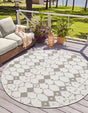 Ivory and Gray 7' x 7' Outdoor Trellis Round Area Rug Weather Resistant for Patio, Deck, Terrace, Balcony, Porch Geometric Design Water Safe Outside Carpet for Sale at Rug Engine