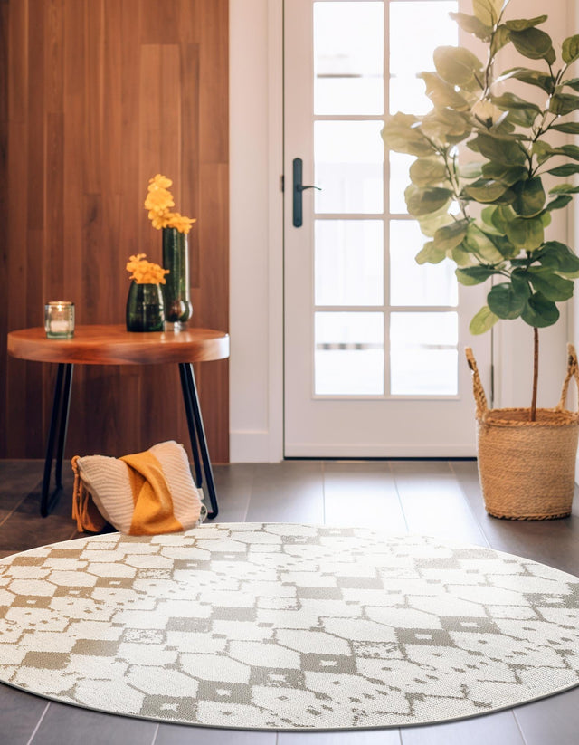 Ivory and Gray 7' x 7' Outdoor Trellis Round Area Rug Weather Resistant for Patio, Deck, Terrace, Balcony, Porch Geometric Design Water Safe Outside Carpet for Sale at Rug Engine