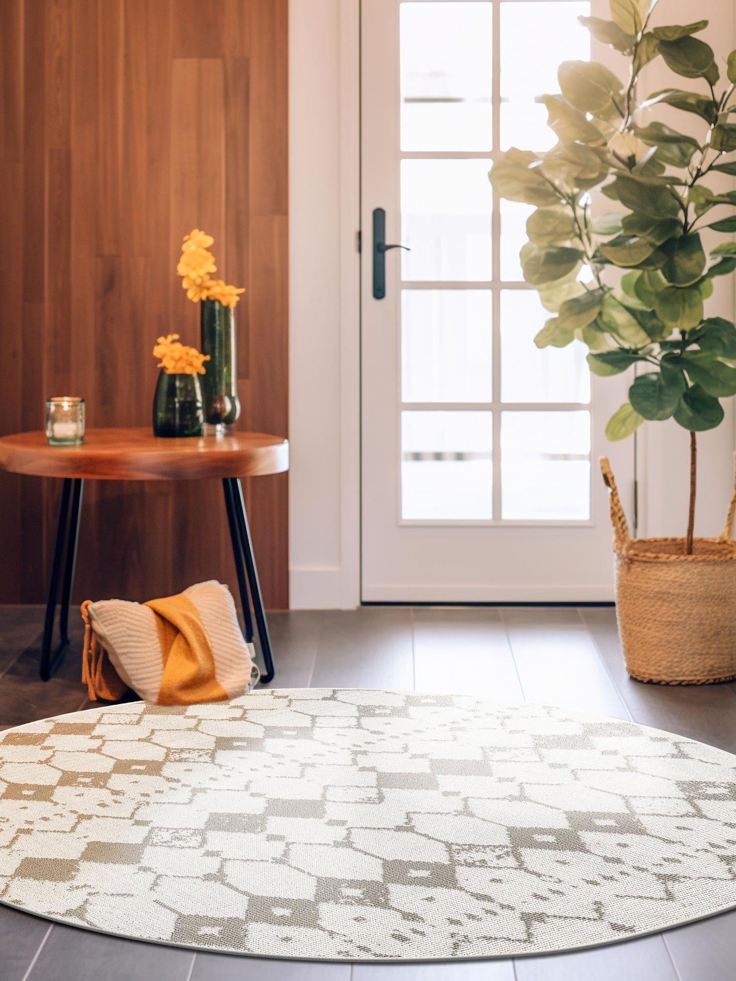 Ivory and Gray 4' x 4' Outdoor Trellis Round Area Rug Weather Resistant for Patio, Deck, Terrace, Balcony, Porch Geometric Design Water Safe Outside Carpet for Sale at Rug Engine
