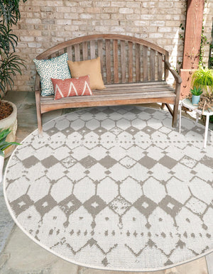 Ivory and Gray 7' x 7' Outdoor Trellis Round Area Rug Weather Resistant for Patio, Deck, Terrace, Balcony, Porch Geometric Design Water Safe Outside Carpet for Sale at Rug Engine