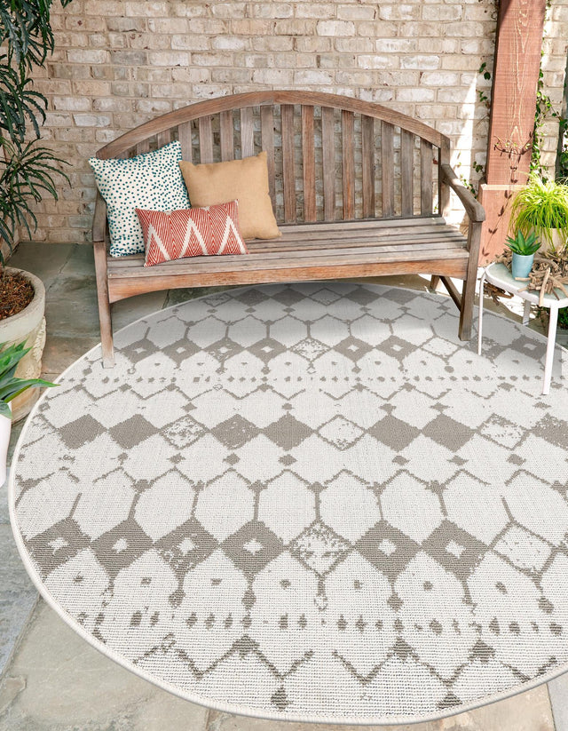 Ivory and Gray 7' x 7' Outdoor Trellis Round Area Rug Weather Resistant for Patio, Deck, Terrace, Balcony, Porch Geometric Design Water Safe Outside Carpet for Sale at Rug Engine