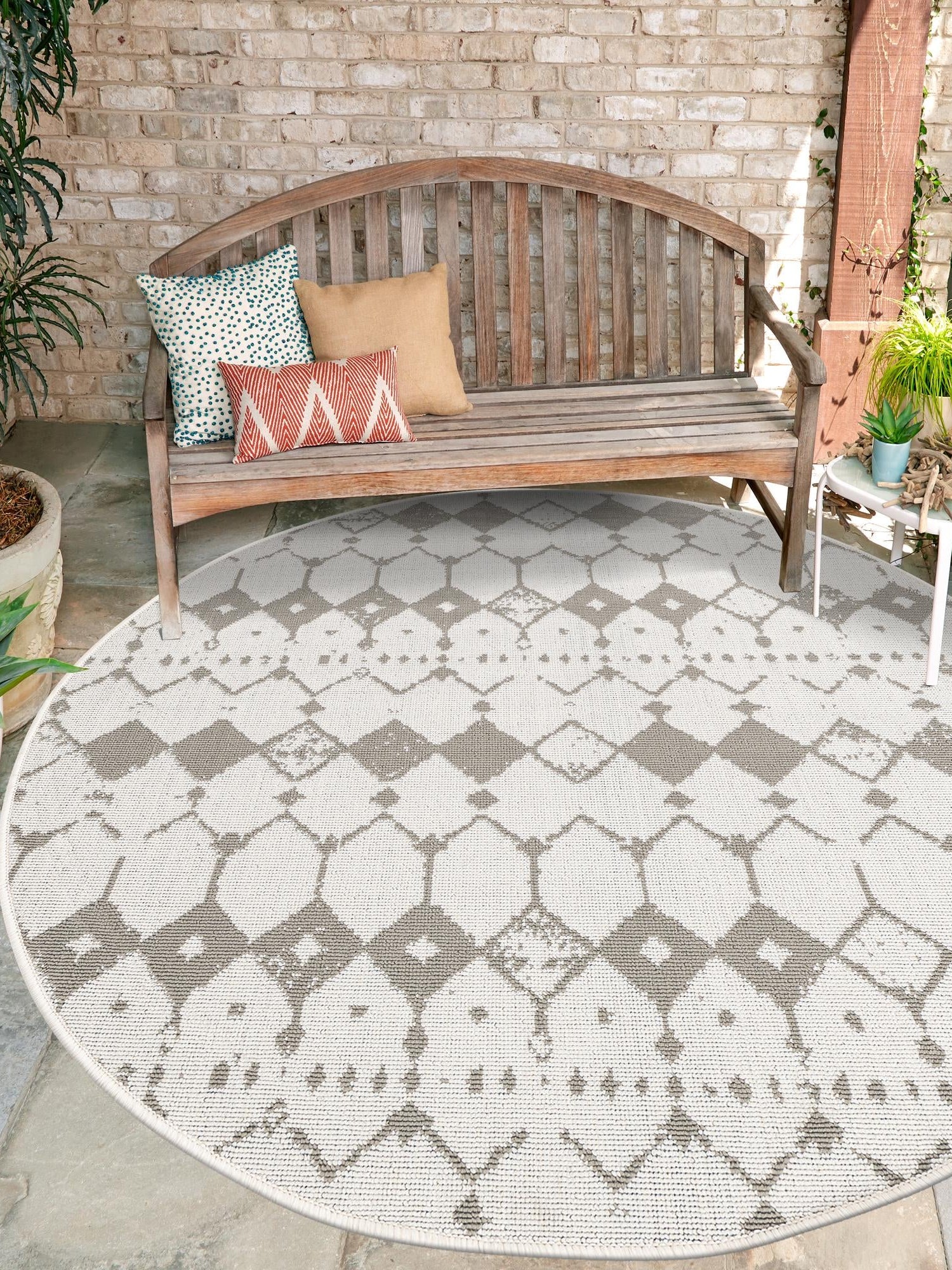 Ivory and Gray 4' x 4' Outdoor Trellis Round Area Rug Weather Resistant for Patio, Deck, Terrace, Balcony, Porch Geometric Design Water Safe Outside Carpet for Sale at Rug Engine