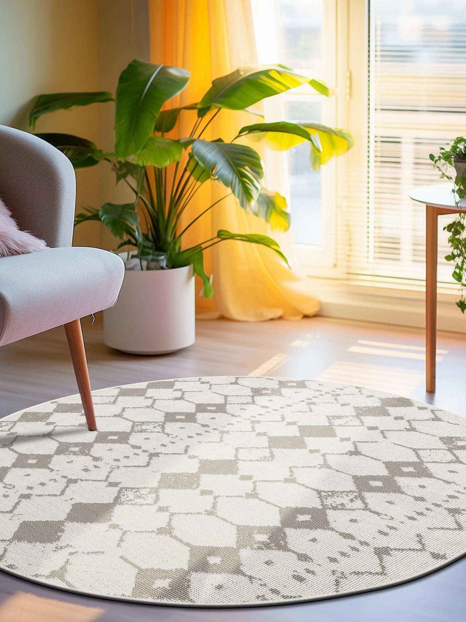 Ivory and Gray 4' x 4' Outdoor Trellis Round Area Rug Weather Resistant for Patio, Deck, Terrace, Balcony, Porch Geometric Design Water Safe Outside Carpet for Sale at Rug Engine