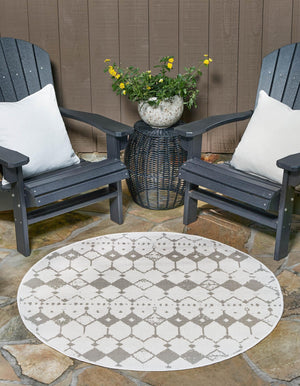Ivory and Gray 7' x 7' Outdoor Trellis Round Area Rug Weather Resistant for Patio, Deck, Terrace, Balcony, Porch Geometric Design Water Safe Outside Carpet for Sale at Rug Engine