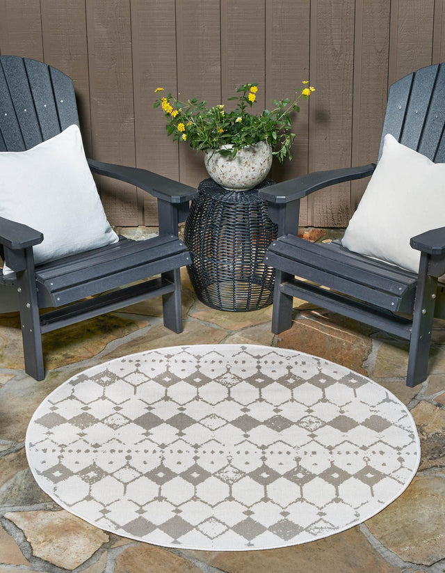 Ivory and Gray 7' x 7' Outdoor Trellis Round Area Rug Weather Resistant for Patio, Deck, Terrace, Balcony, Porch Geometric Design Water Safe Outside Carpet for Sale at Rug Engine