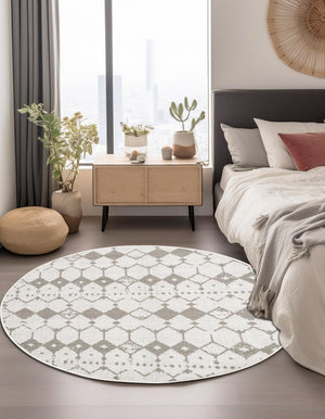 Ivory and Gray 7' x 7' Outdoor Trellis Round Area Rug Weather Resistant for Patio, Deck, Terrace, Balcony, Porch Geometric Design Water Safe Outside Carpet for Sale at Rug Engine